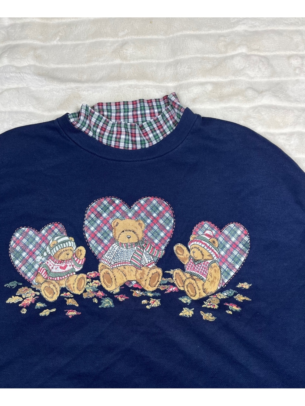 VTG 80s Basic Editions XL/XXL Plaid Fall Teddy Bear Heart Faux Layer Sweatshirt